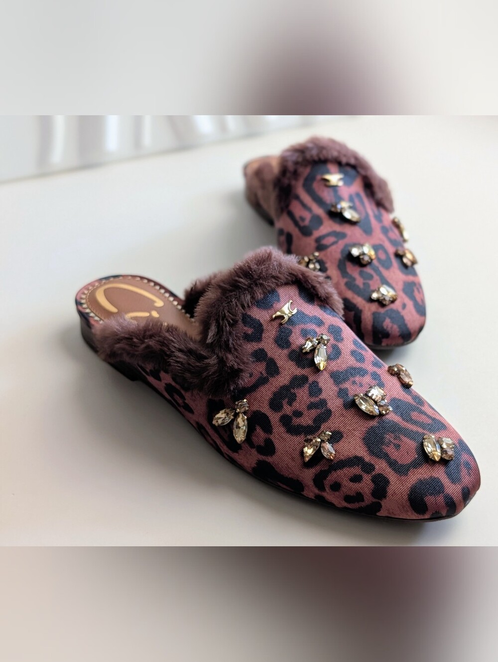 Circus NY Sam Edelman Tillie Leopard Crystal Faux Fur Mules 8 NIB